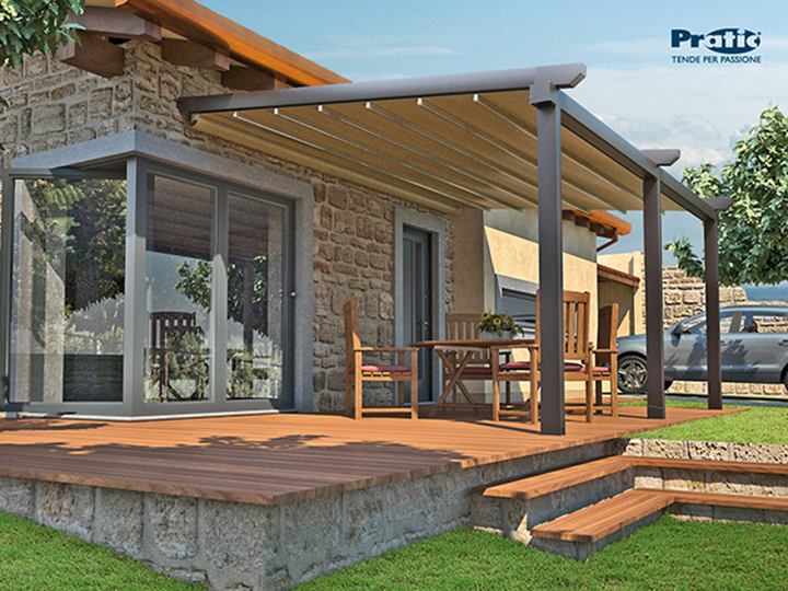 Wooden Pergolas by MITO from Sunair Awnings stone and brick building with wooden stretched pergola